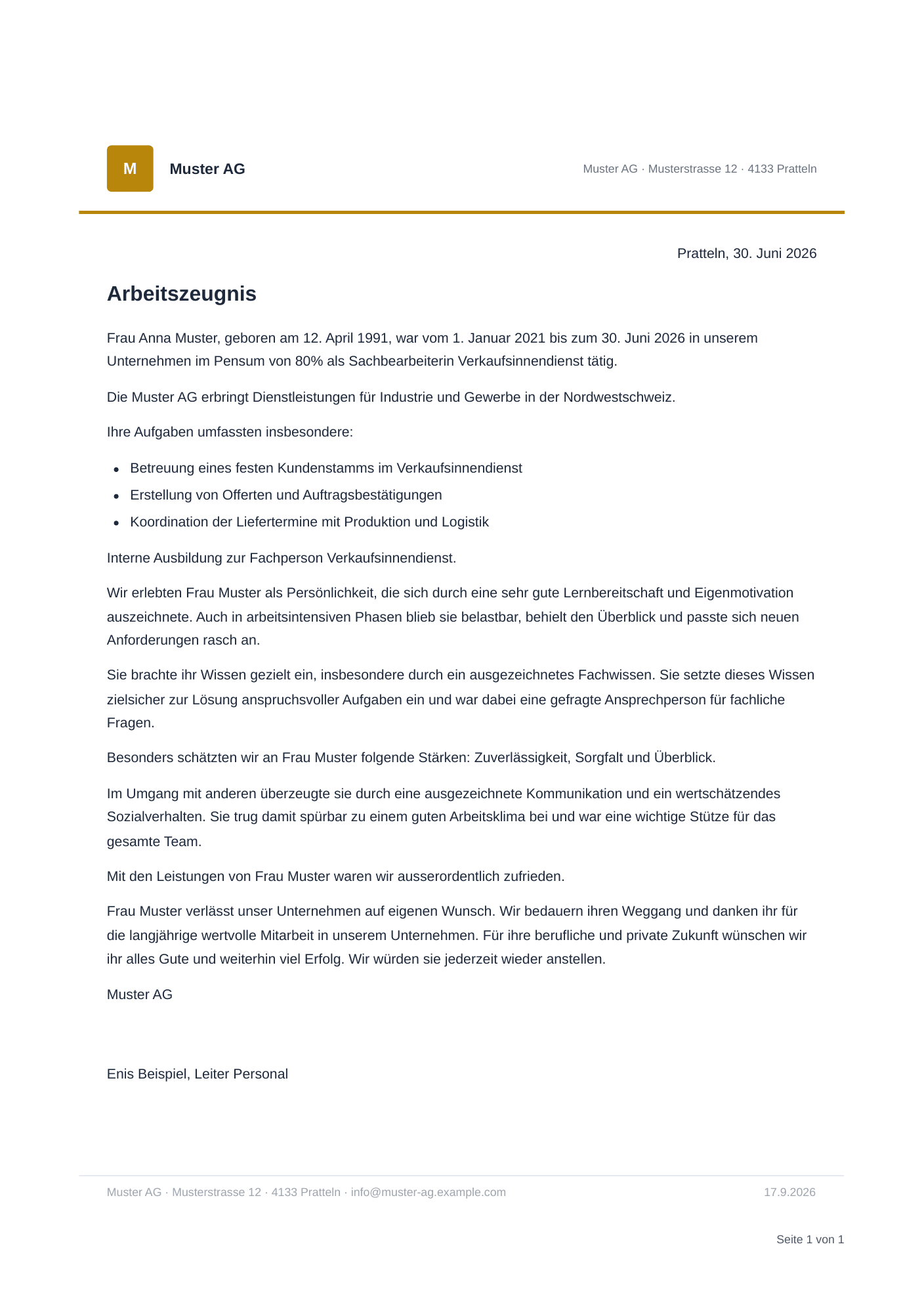Beispiel eines klassischen Arbeitszeugnisses, wie es HR Onboarding erzeugt — fiktive Person
