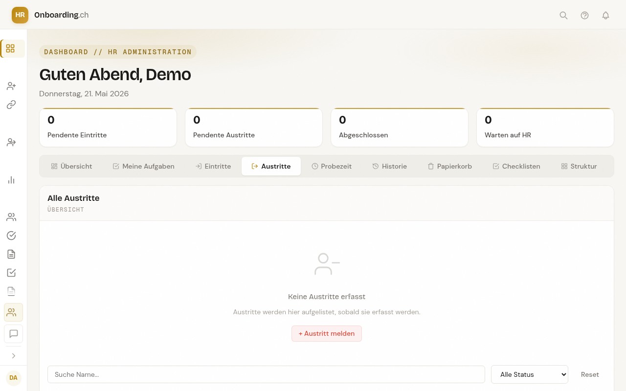 HR-Dashboard mit aktivem Tab Austritte und Empty-State Keine Austritte erfasst, plus prominenten + Austritt melden Button