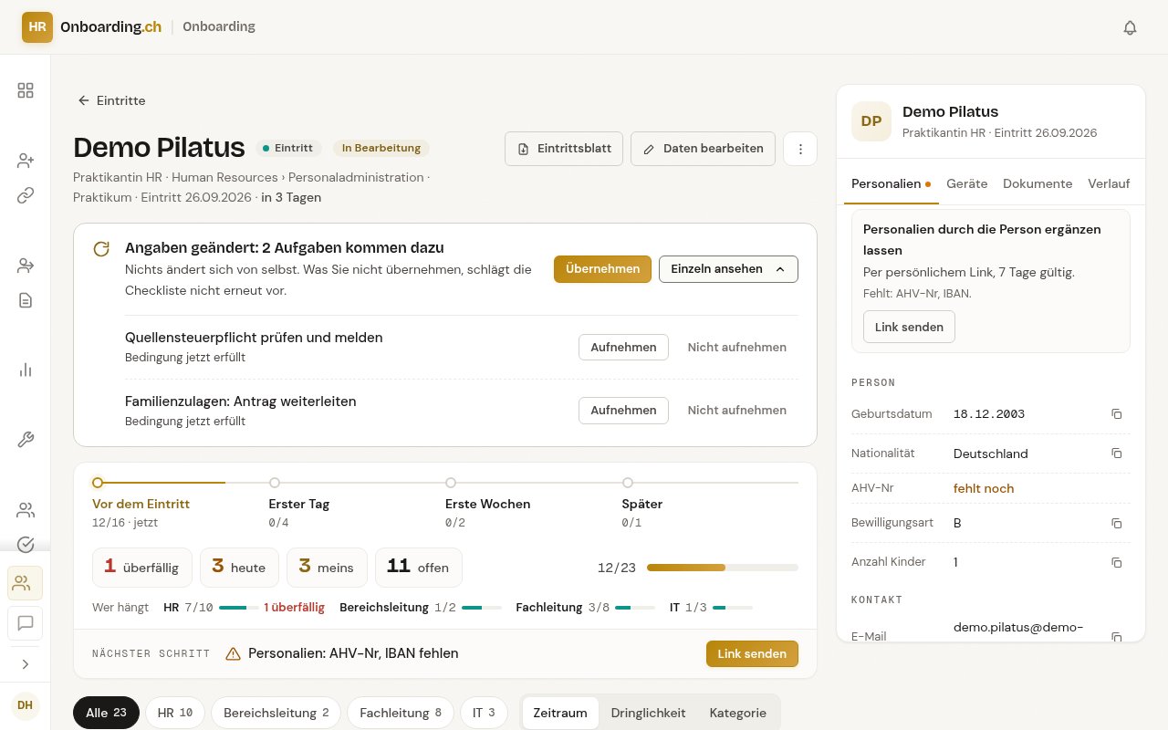 Checkliste des Eintritts von Demo Pilatus: oben der Hinweis Angaben geändert: 2 Aufgaben kommen dazu mit den Knöpfen Übernehmen und Einzeln ansehen; aufgeklappt die Aufgaben Quellensteuerpflicht prüfen und melden und Familienzulagen: Antrag weiterleiten, je mit Bedingung jetzt erfüllt und den Knöpfen Aufnehmen und Nicht aufnehmen