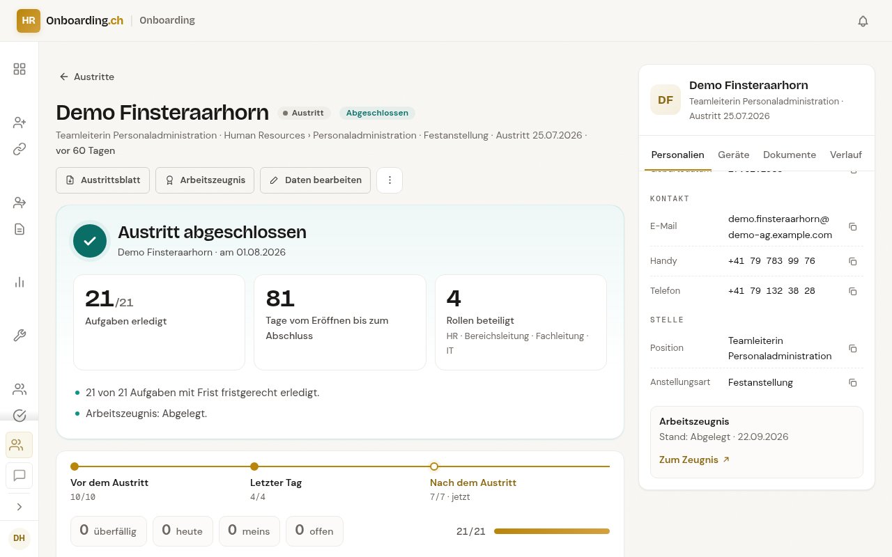 Bilanz nach dem Abschluss des Austritts von Demo Finsteraarhorn: Austritt abgeschlossen am 01.08.2026, 21/21 Aufgaben erledigt, Tage vom Eröffnen bis zum Abschluss, 4 Rollen beteiligt, 21 von 21 Aufgaben mit Frist fristgerecht erledigt und der Stand des Arbeitszeugnisses; rechts die Personalien mit der Karte Arbeitszeugnis