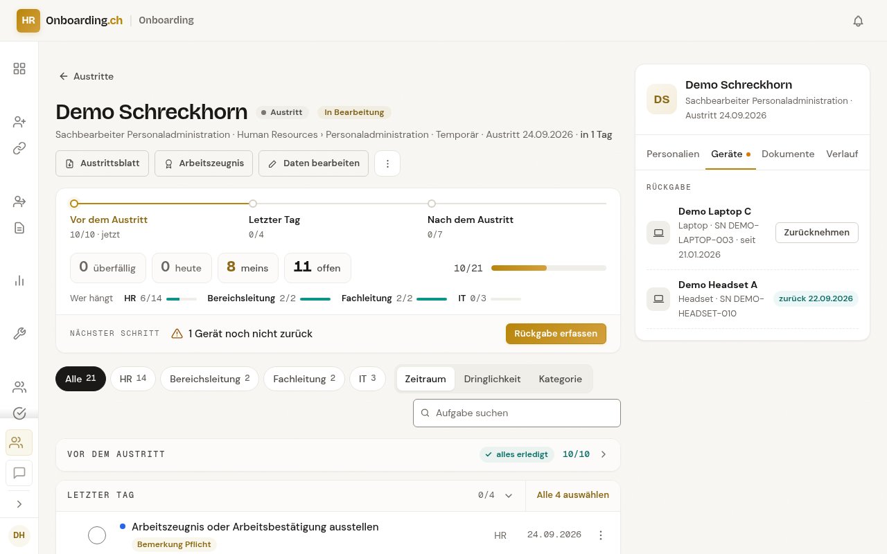 Checkliste des Austritts von Demo Schreckhorn, In Bearbeitung, Austritt in 1 Tag: der nächste Schritt lautet 1 Gerät noch nicht zurück mit dem Knopf Rückgabe erfassen; rechts der Reiter Geräte mit Punkt, unter Rückgabe ein Laptop mit dem Knopf Zurücknehmen und ein Headset mit zurück 22.09.2026