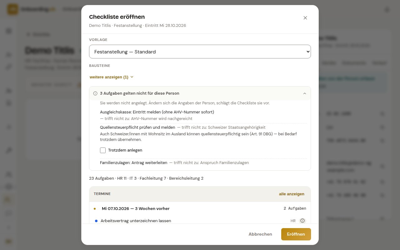 Dialog Checkliste eröffnen für Demo Titlis mit der Vorlage Festanstellung — Standard; aufgeklappt der Block 3 Aufgaben gelten nicht für diese Person mit Ausgleichskasse, Quellensteuerpflicht prüfen und melden und Familienzulagen, je mit dem Grund trifft nicht zu; bei der Quellensteuer der Hinweis auf Art. 91 DBG und das Kästchen Trotzdem anlegen; unten die Terminliste und der Knopf Eröffnen