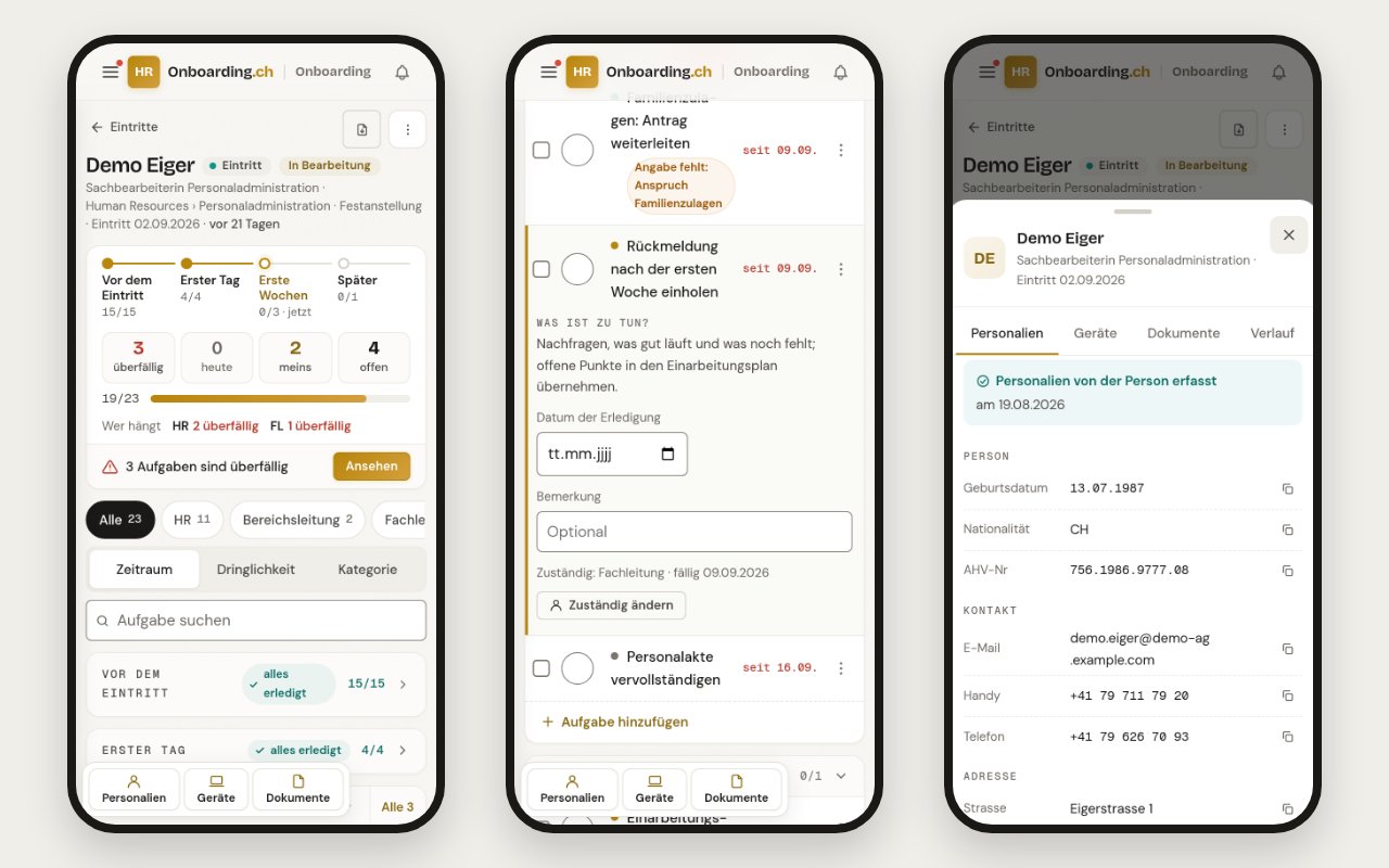 Drei Handy-Ansichten der Checkliste von Demo Eiger: links Kopf, Phasen, Zahlen und nächster Schritt mit der Leiste Personalien, Geräte, Dokumente unten; in der Mitte eine aufgeklappte Aufgabe mit Was ist zu tun?, Datum und Bemerkung; rechts die Personalien als Schublade von unten