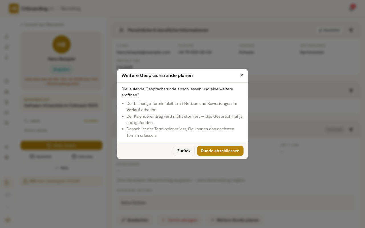 Dialog Weitere Gesprächsrunde planen mit den drei Hinweisen zum Verlauf, zum Kalendereintrag und zum leeren Terminplaner