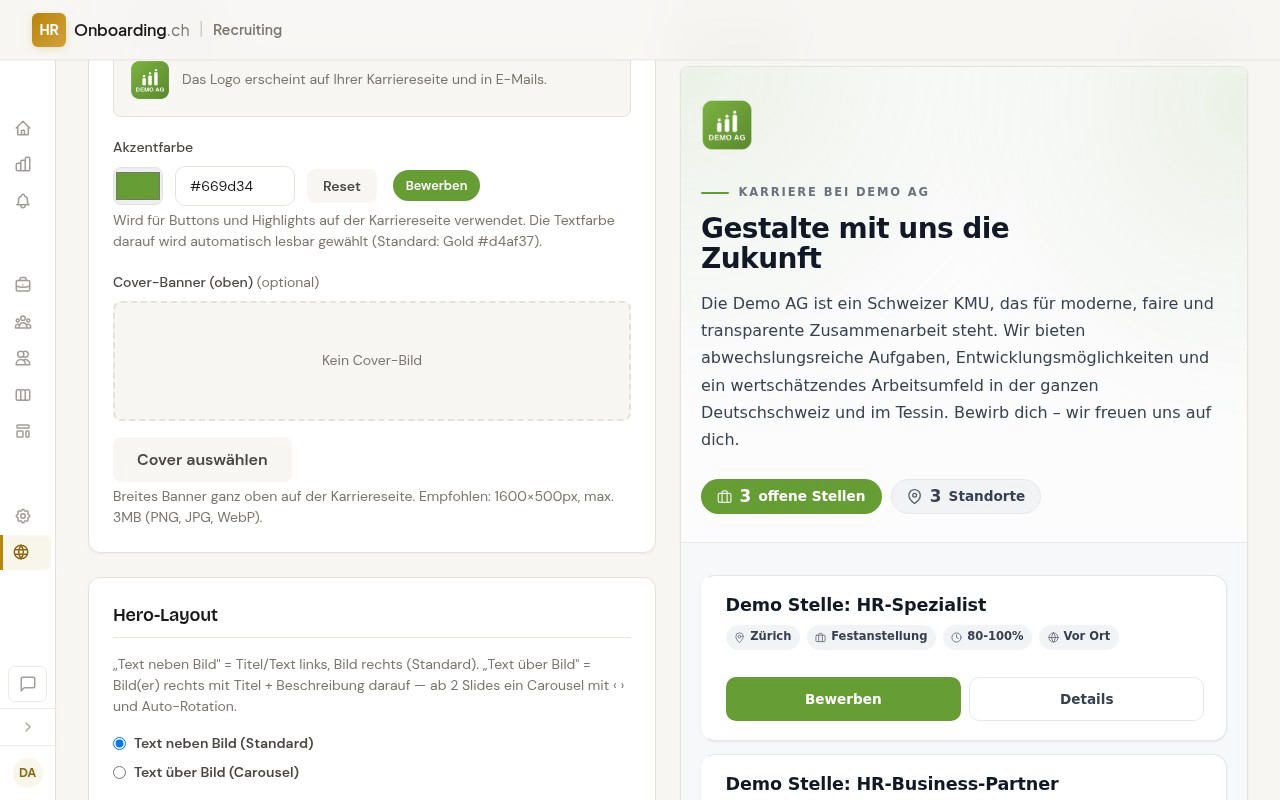 Karriereseite-Cockpit mit der Karte Marke (Akzentfarbe, Cover-Banner) und der Karte Hero-Layout links, der Live-Vorschau der öffentlichen Karriereseite rechts