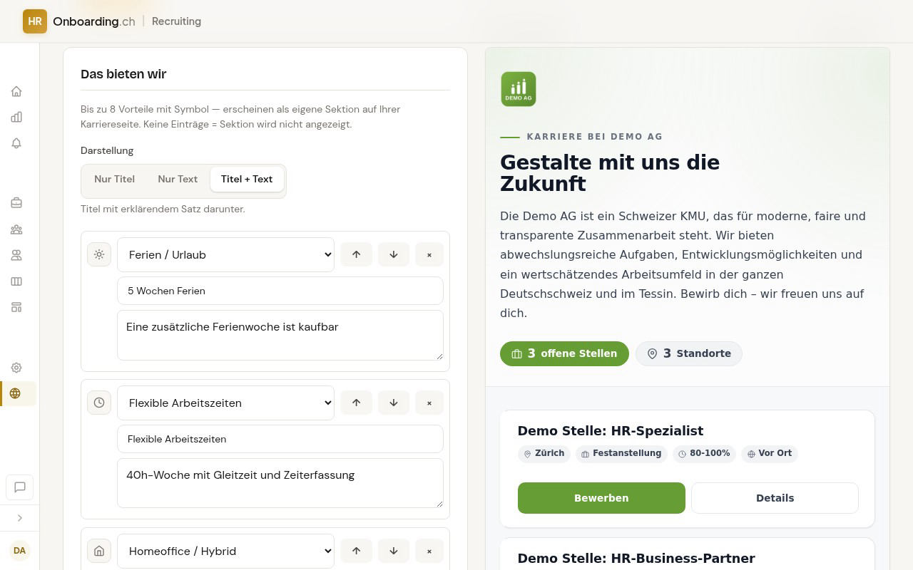 Karte Das bieten wir mit der Darstellung Titel plus Text ausgewählt und mehreren Vorteil-Zeilen mit Symbolauswahl, Titel- und Beschreibungsfeld
