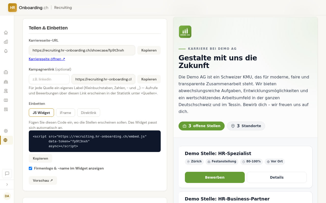 Karte Teilen und Einbetten mit Karriereseite-URL, Kampagnenlink, den drei Reitern JS Widget, iFrame und Direktlink, dem Code-Feld für das JavaScript-Widget, dem angehakten Häkchen Firmenlogo und -name im Widget anzeigen sowie dem Vorschau-Knopf