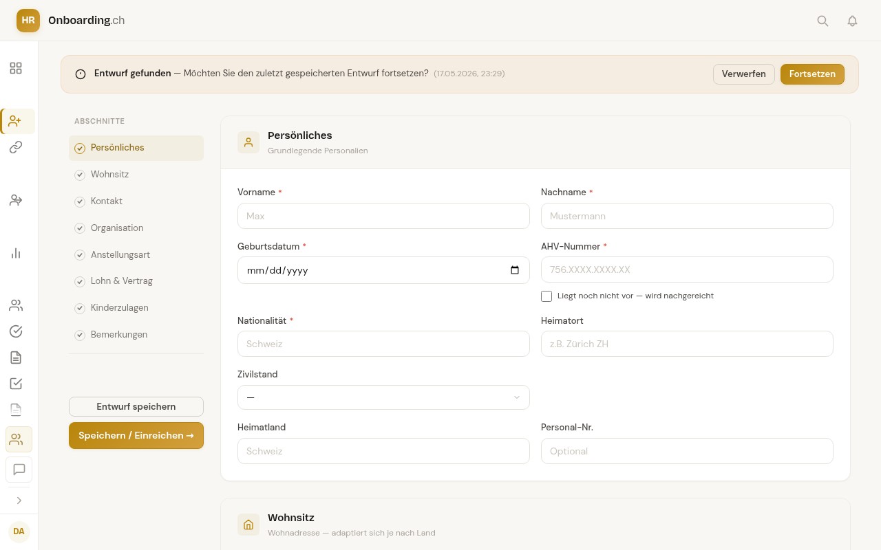 Neue-Person-Formular mit Abschnitten Persönliches, Wohnsitz, Kontakt, Organisation, Anstellungsart, Lohn & Vertrag — und Speichern/Einreichen-Button links