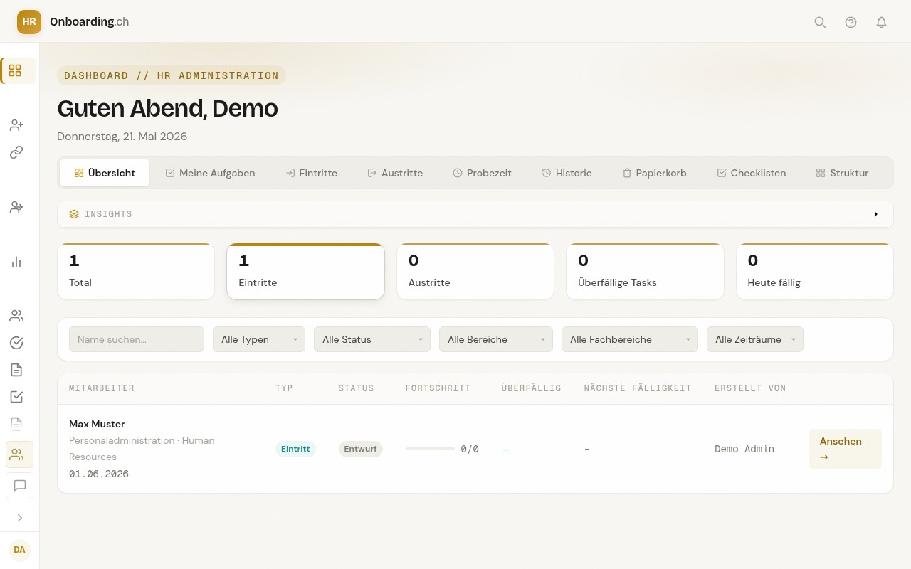 HR-Dashboard mit Tabs Übersicht, Meine Aufgaben, Eintritte, Austritte, Probezeit, Historie, Papierkorb und Checklisten — sowie einer Tabelle mit dem laufenden Eintritt Max Muster