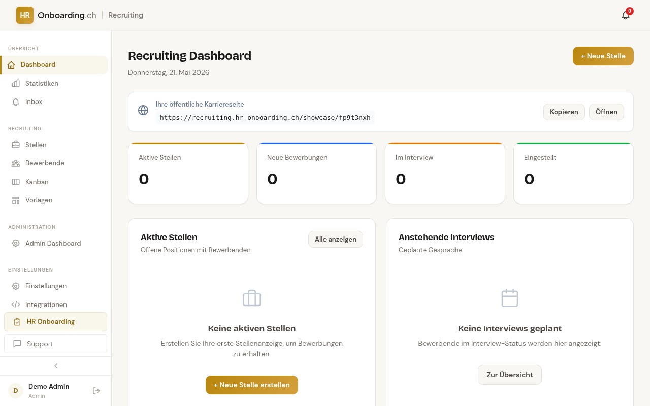 Recruiting Dashboard mit linker Sidebar (Dashboard, Statistiken, Inbox, Stellen, Bewerbende, Kanban, Vorlagen) und Hauptbereich mit öffentlicher Karriereseite-URL prominent oben