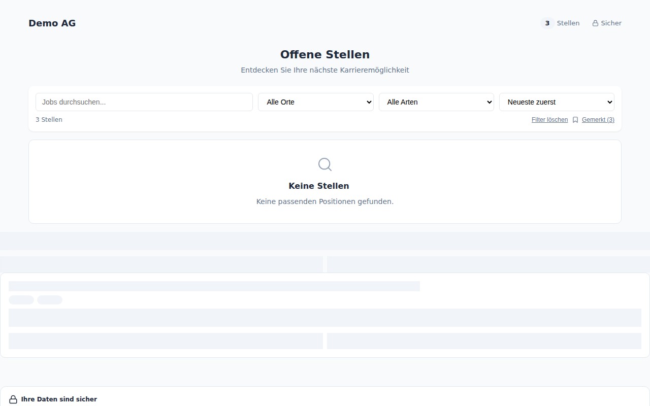 Öffentliche Karriereseite mit Firmenname Demo AG, Suchfilter (Jobs durchsuchen, Alle Orte, Alle Arten) und Stellenkarten je mit Titel, Bereich, Tag-Pills und Start-Datum