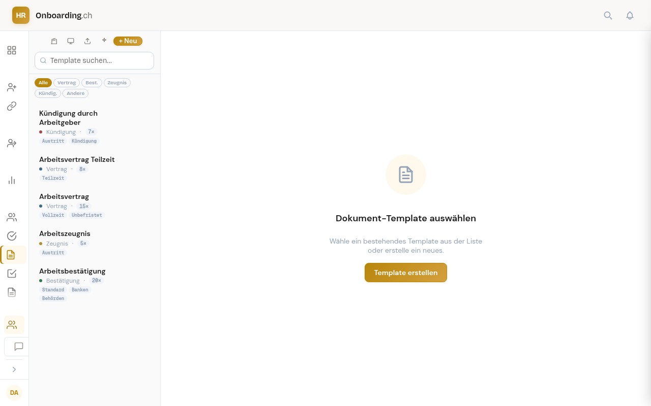 Dokument-Templates Liste mit Kategorie-Pills Alle, Vertrag, Best., Zeugnis, Kündig., Andere — und Einträgen Kündigung durch Arbeitgeber, Arbeitsvertrag Teilzeit, Arbeitsvertrag, Arbeitszeugnis, Arbeitsbestätigung — je mit Nutzungs-Zähler