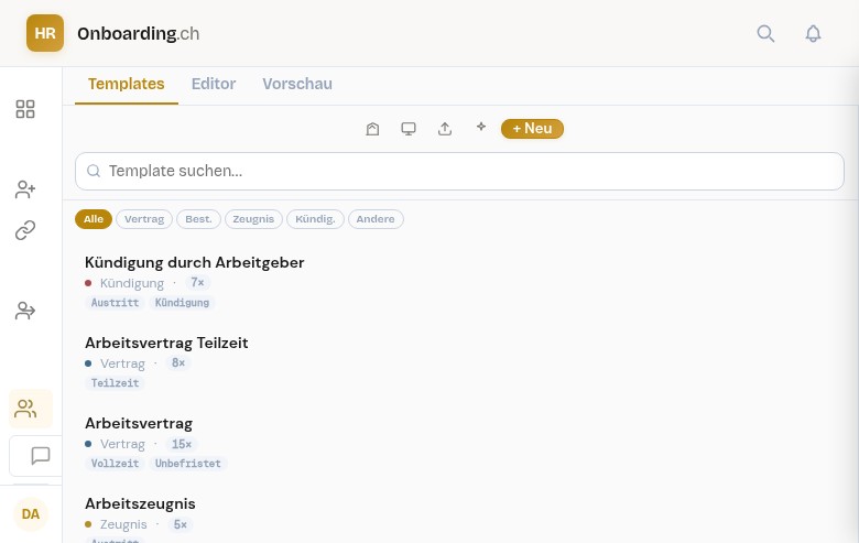 Templates-Auswahl im Personalakte-Kontext mit Tabs Templates, Editor, Vorschau und Liste der verfügbaren Vorlagen — Kündigung durch Arbeitgeber, Arbeitsvertrag Teilzeit, Arbeitsvertrag, Arbeitszeugnis — je mit Tags und Nutzungs-Zähler