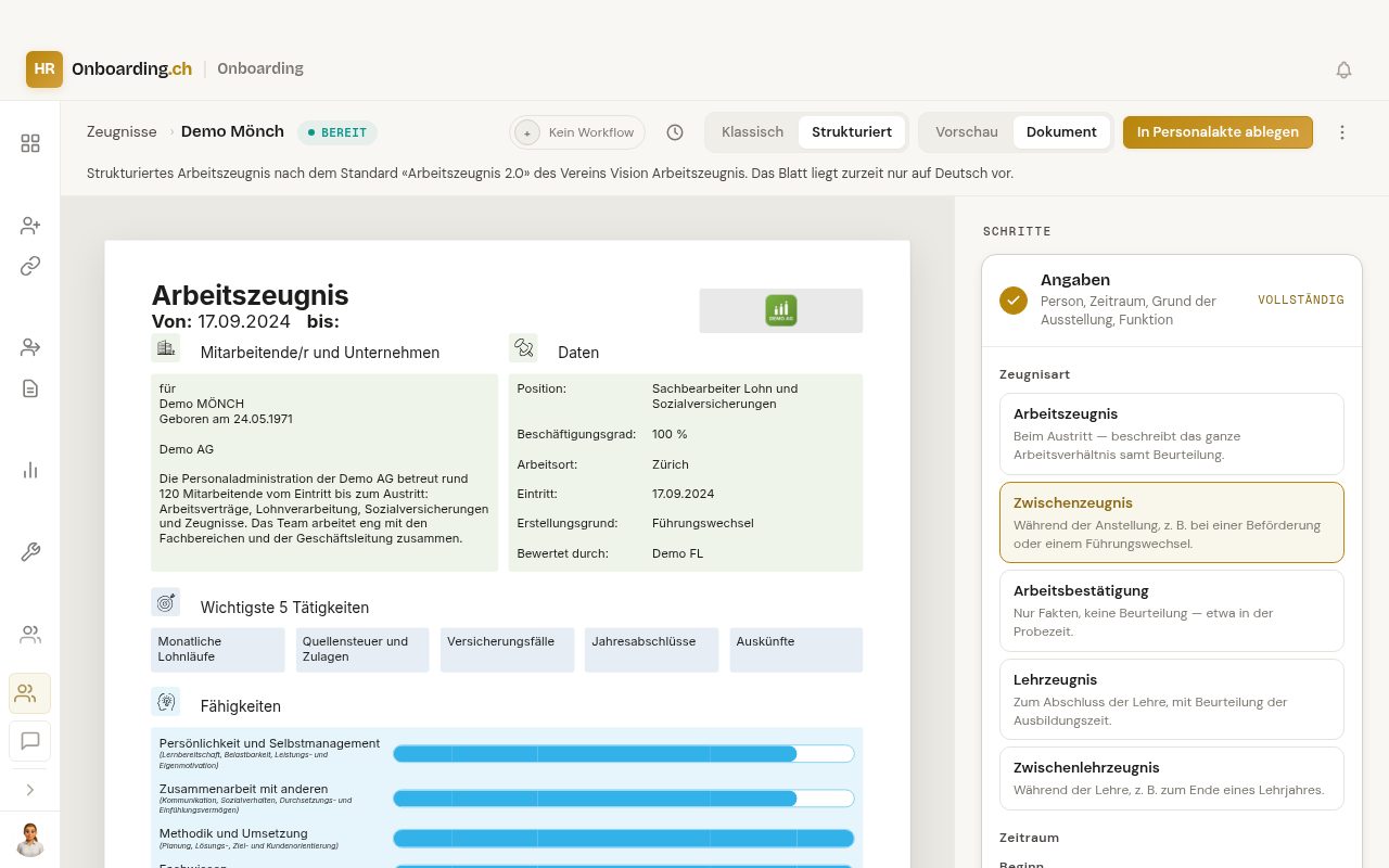 Der Editor mit dem Umschalter auf «Strukturiert» und dem strukturierten Blatt: Titel mit Zeitraum, links der Kasten mit Person und Unternehmen, rechts die Daten mit dem Grund der Ausstellung, darunter fünf Tätigkeits-Kacheln und die Fähigkeiten als Balken