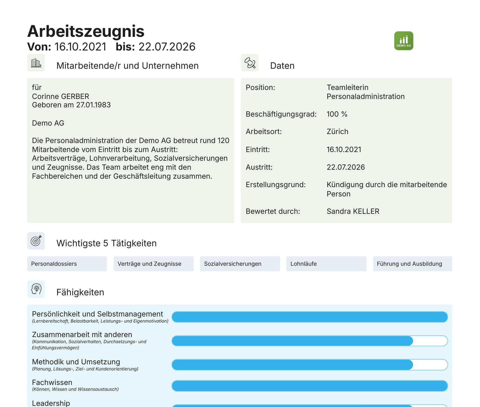 Fertiges Arbeitszeugnis als strukturiertes Blatt: Personalien, Daten, die wichtigsten Tätigkeiten und die Fähigkeiten als Balken