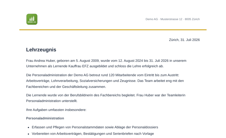 Erste Seite eines Lehrzeugnisses im Briefkopf der Firma