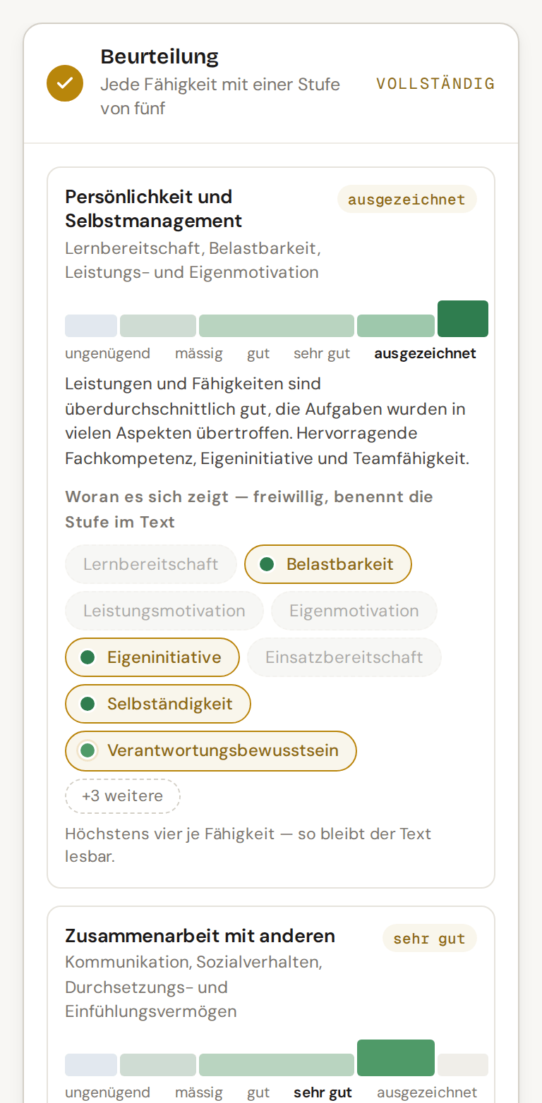 Beurteilung im Zeugnis-Manager: je Fähigkeit eine Stufe von ungenügend bis ausgezeichnet und die Merkmale, an denen sie sich zeigt