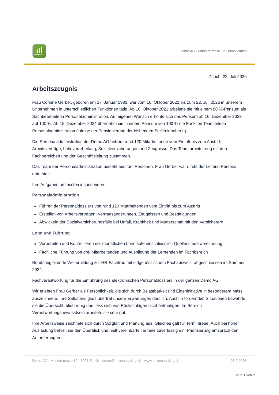 Das Arbeitszeugnis in der klassischen Form: Fliesstext auf dem Briefpapier der Firma, mit Tätigkeiten und Beurteilung