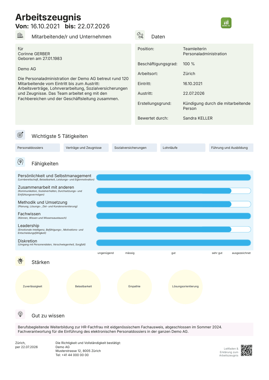Dasselbe Arbeitszeugnis als Arbeitszeugnis 2.0: Daten, wichtigste Tätigkeiten, Fähigkeiten als Balken, Stärken und QR-Code zum Leitfaden