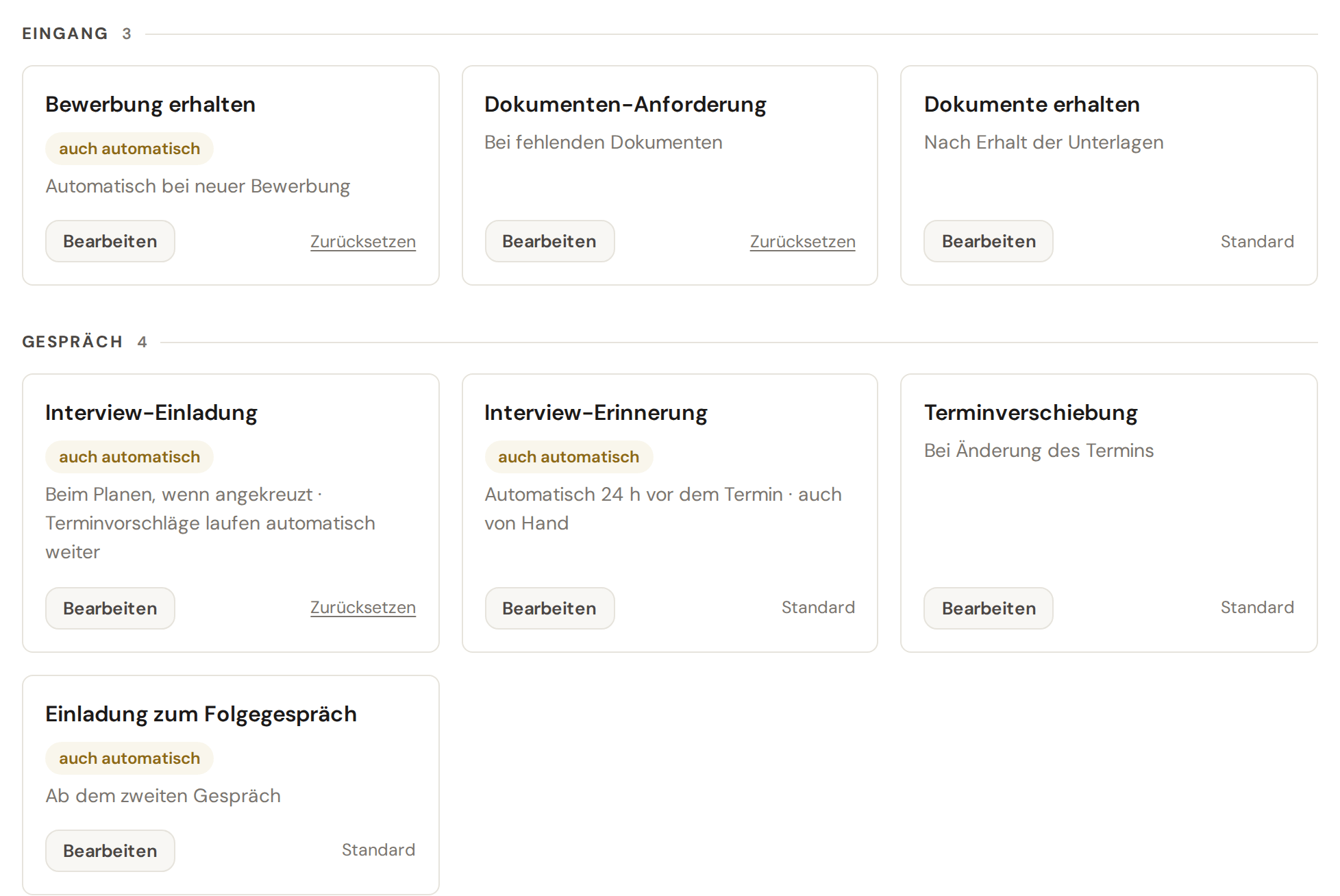 Mail-Vorlagen nach Stufe: Eingang und Gespräch, mit der Markierung «auch automatisch» bei Bewerbung erhalten und Interview-Einladung