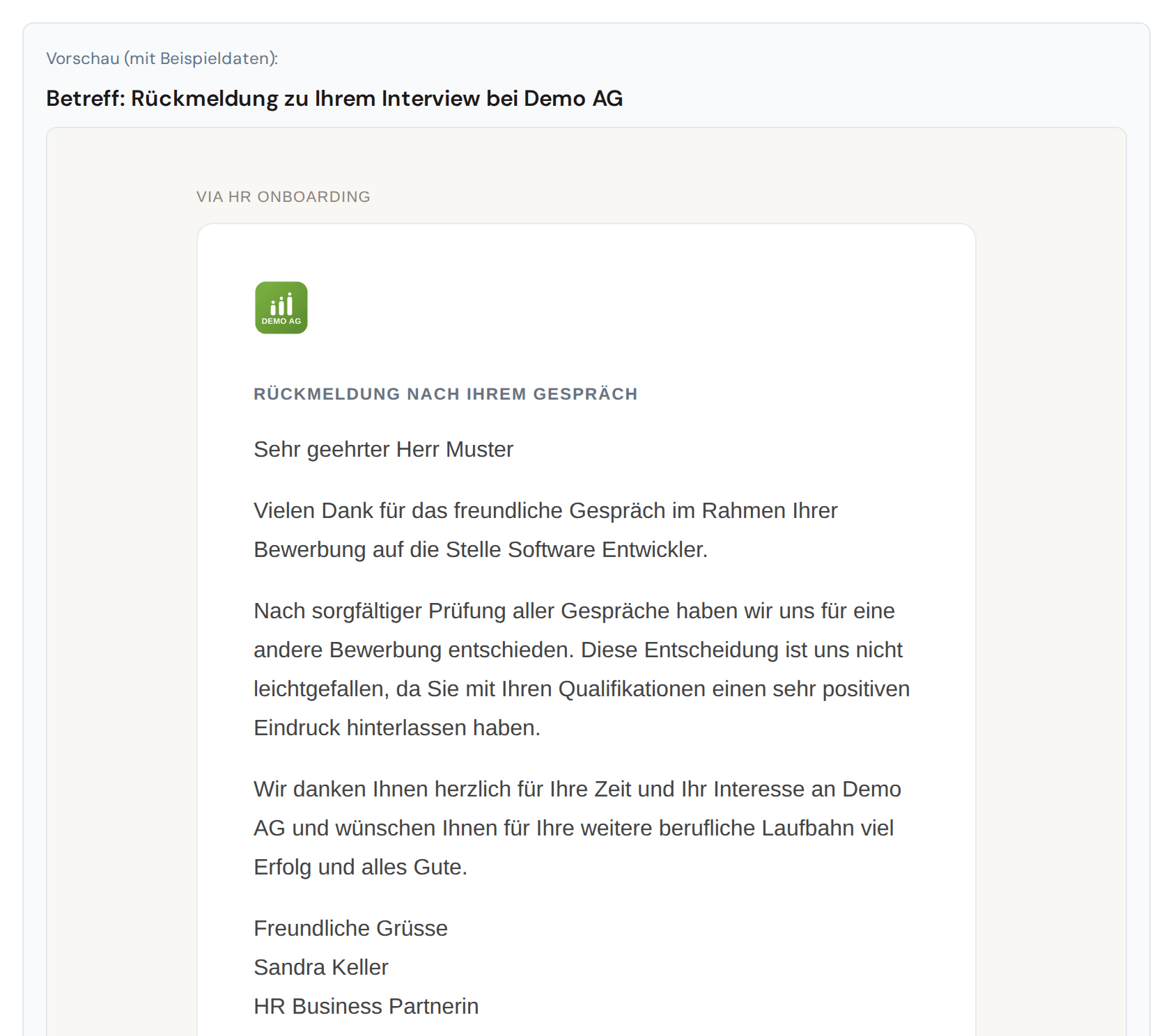 Vorschau der Vorlage «Absage nach Interview» mit Logo der Firma, Anrede und Signatur der sendenden Person