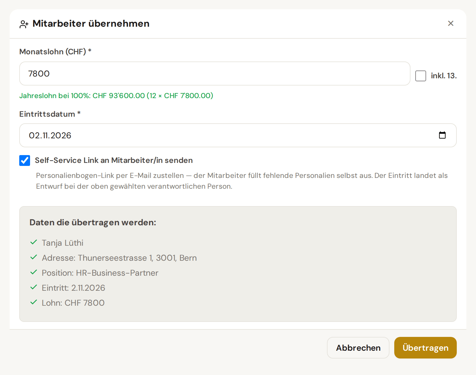Lohn und Eintrittsdatum im Übergabedialog, darunter die Daten, die ins Onboarding übertragen werden
