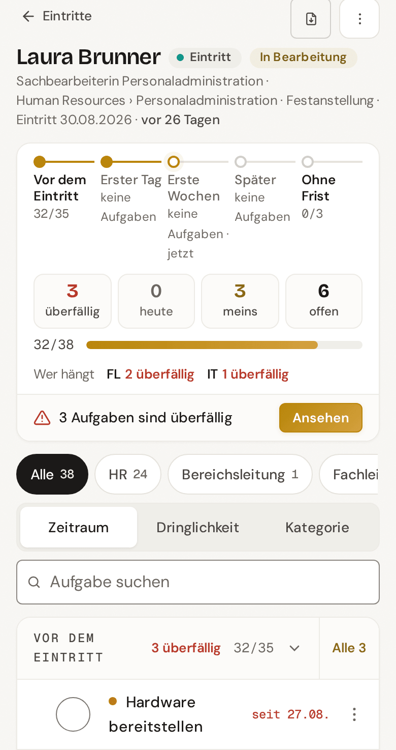 Dieselbe Checkliste auf dem Handy: Phasen, überfällige Aufgaben und der nächste Schritt