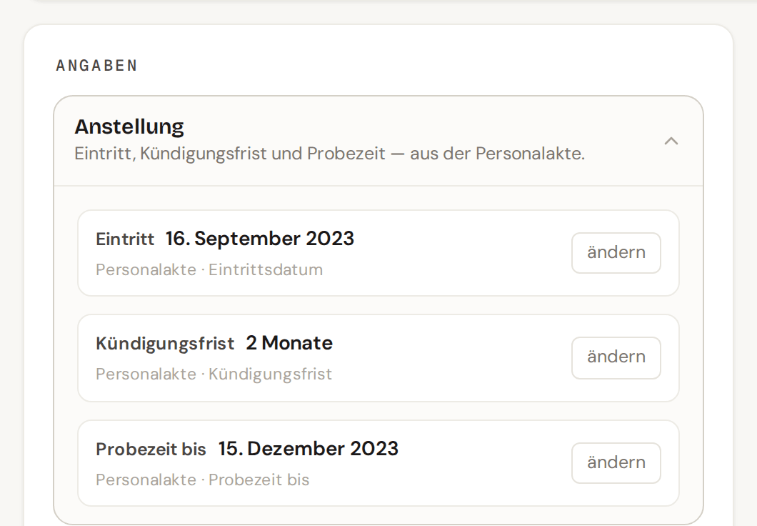 Angaben aus der Personalakte: Eintritt, Kündigungsfrist und Probezeit, je mit Quelle und «ändern»