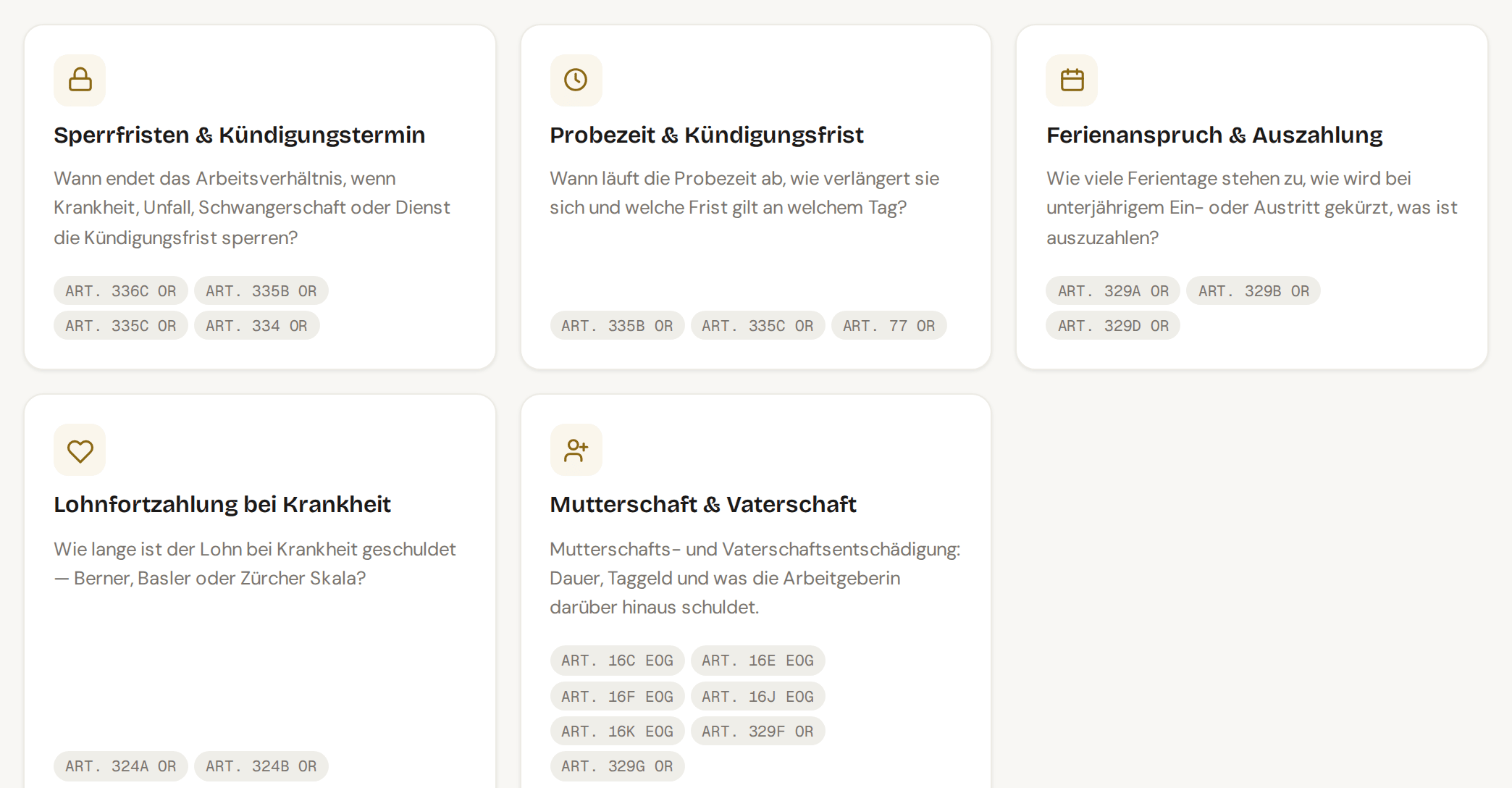 Übersicht «Werkzeuge» mit fünf Rechnern: Sperrfristen, Probezeit, Ferienanspruch, Lohnfortzahlung sowie Mutterschaft und Vaterschaft, je mit ihren Gesetzesartikeln