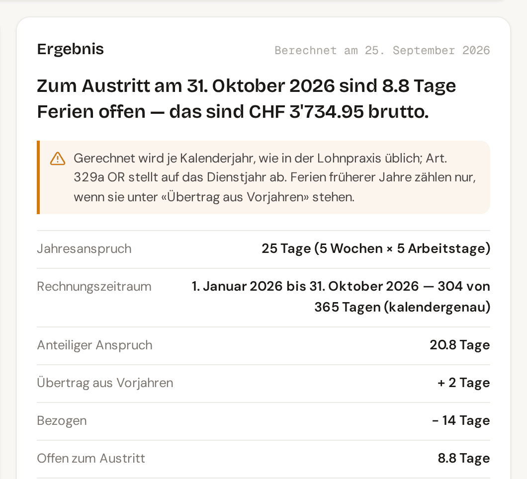 Ergebnis Ferien: Zum Austritt am 31. Oktober 2026 sind 8.8 Tage offen, mit Betrag, Jahresanspruch und Rechnungszeitraum