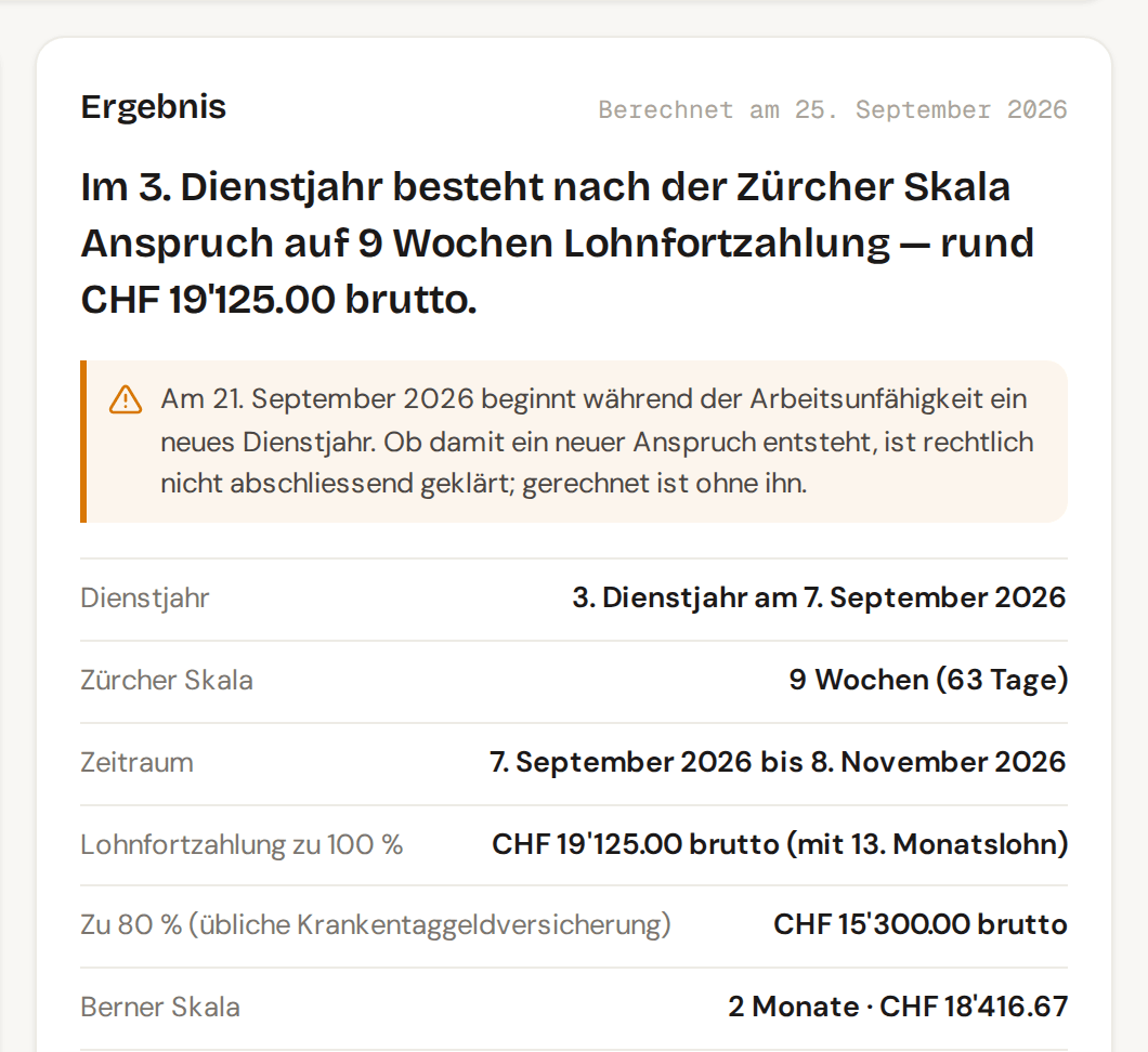 Ergebnis Lohnfortzahlung: im 3. Dienstjahr 9 Wochen nach der Zürcher Skala, mit Zeitraum, Betrag und Hinweis zum Dienstjahrwechsel