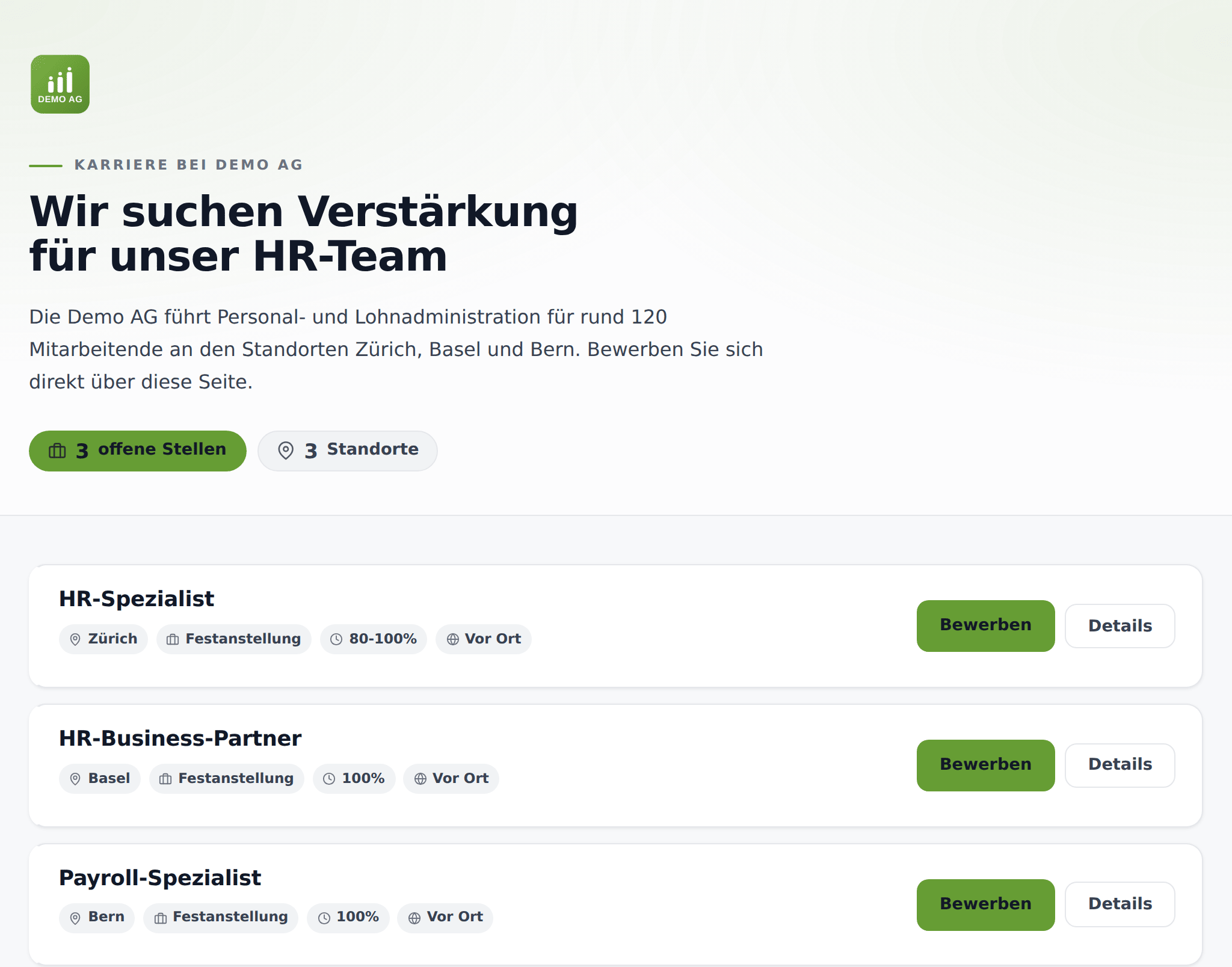 Karriereseite der Demo AG: Logo, Überschrift «Wir suchen Verstärkung für unser HR-Team», drei offene Stellen mit Ort, Pensum und Knopf «Bewerben»