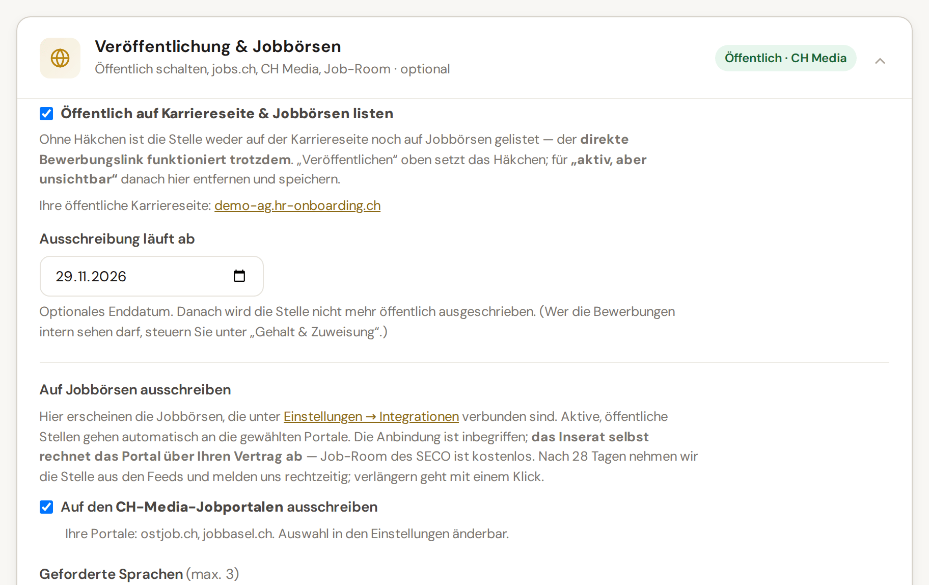 Stellenformular, Abschnitt «Veröffentlichung & Jobbörsen»: öffentlich auf der Karriereseite, Ablaufdatum, Ausschreibung auf den CH-Media-Jobportalen