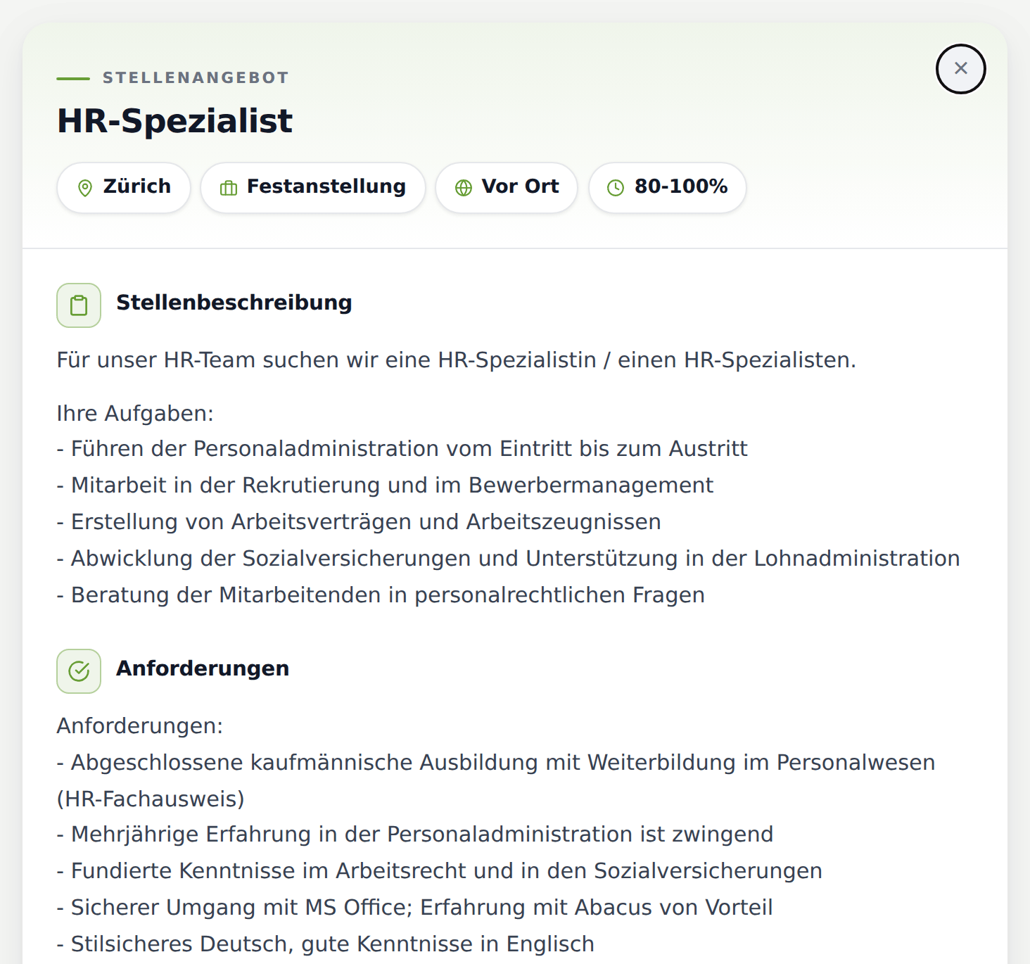 Stellenanzeige aus Sicht der Bewerbenden: Titel, Ort, Anstellung, Pensum, Aufgaben und Anforderungen