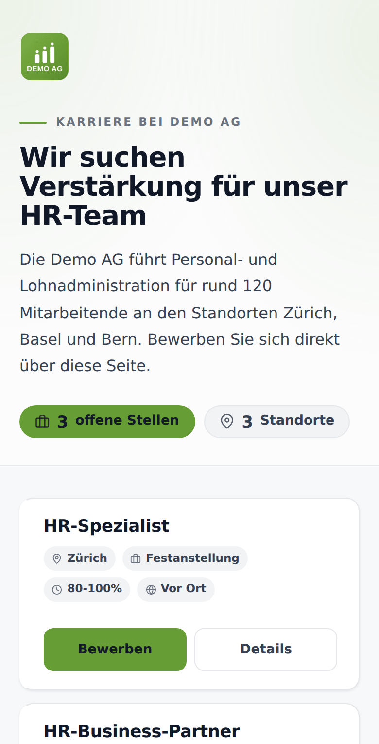 Karriereseite der Demo AG auf dem Handy mit der ersten offenen Stelle