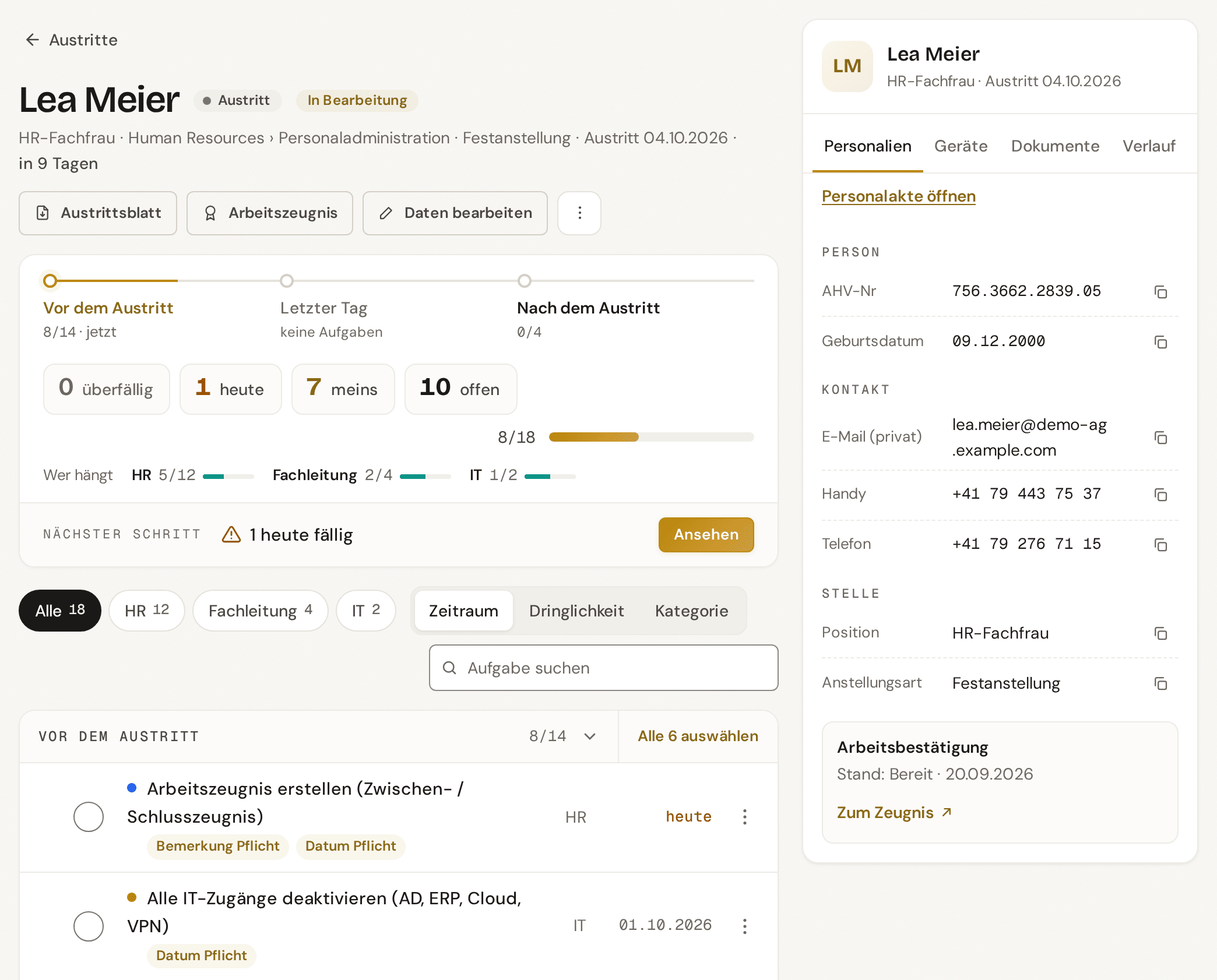Checkliste eines Austritts: Phasen vor dem Austritt, letzter Tag und danach, offene Aufgaben je Rolle und der nächste Schritt