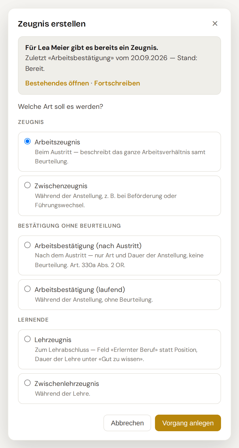 Zeugnis erstellen aus dem Austritt: Arbeitszeugnis ist vorgewählt, daneben Zwischenzeugnis, Arbeitsbestätigung und Lehrzeugnis