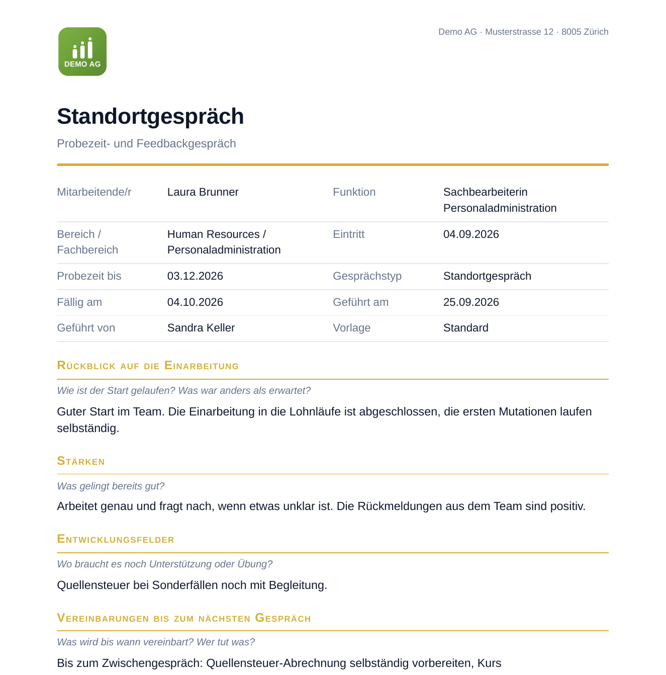 Dasselbe Protokoll als PDF im Briefkopf der Firma, mit Probezeitende, Gesprächsdatum und den Abschnitten