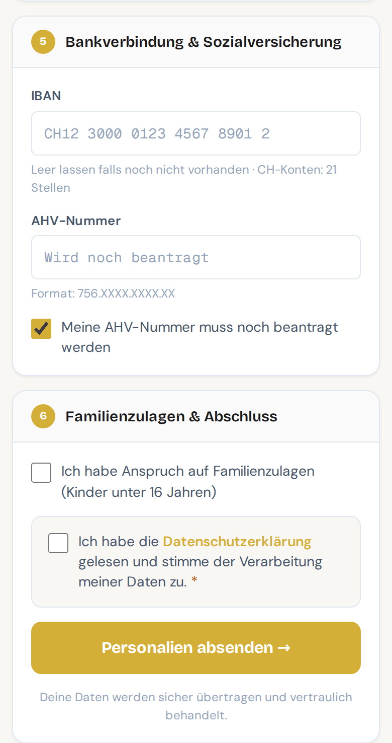 Abschnitte Bankverbindung und Familienzulagen: Die AHV-Nummer ist als «wird noch beantragt» markiert