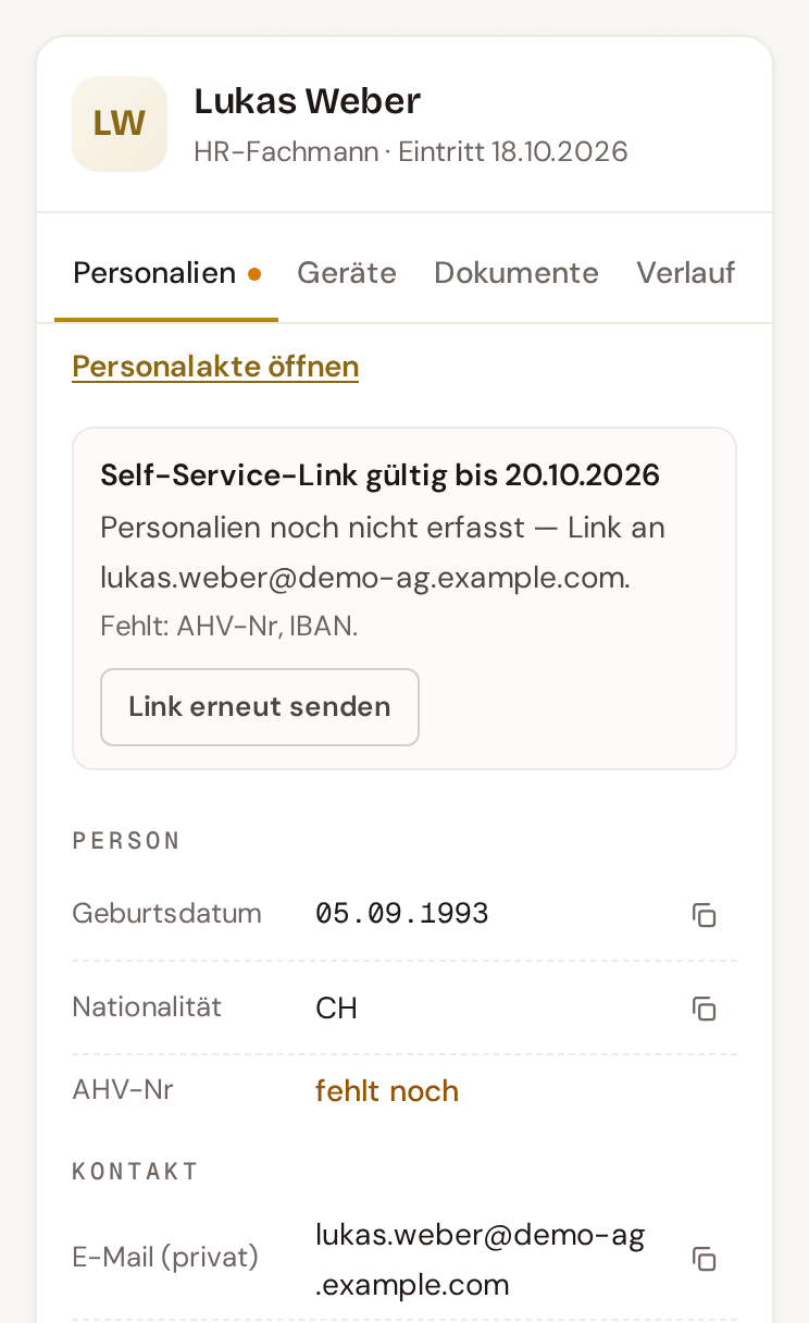 Personalien in der Checkliste, bevor die Person ausgefüllt hat: Link gültig bis, an welche Adresse, es fehlen AHV-Nummer und IBAN