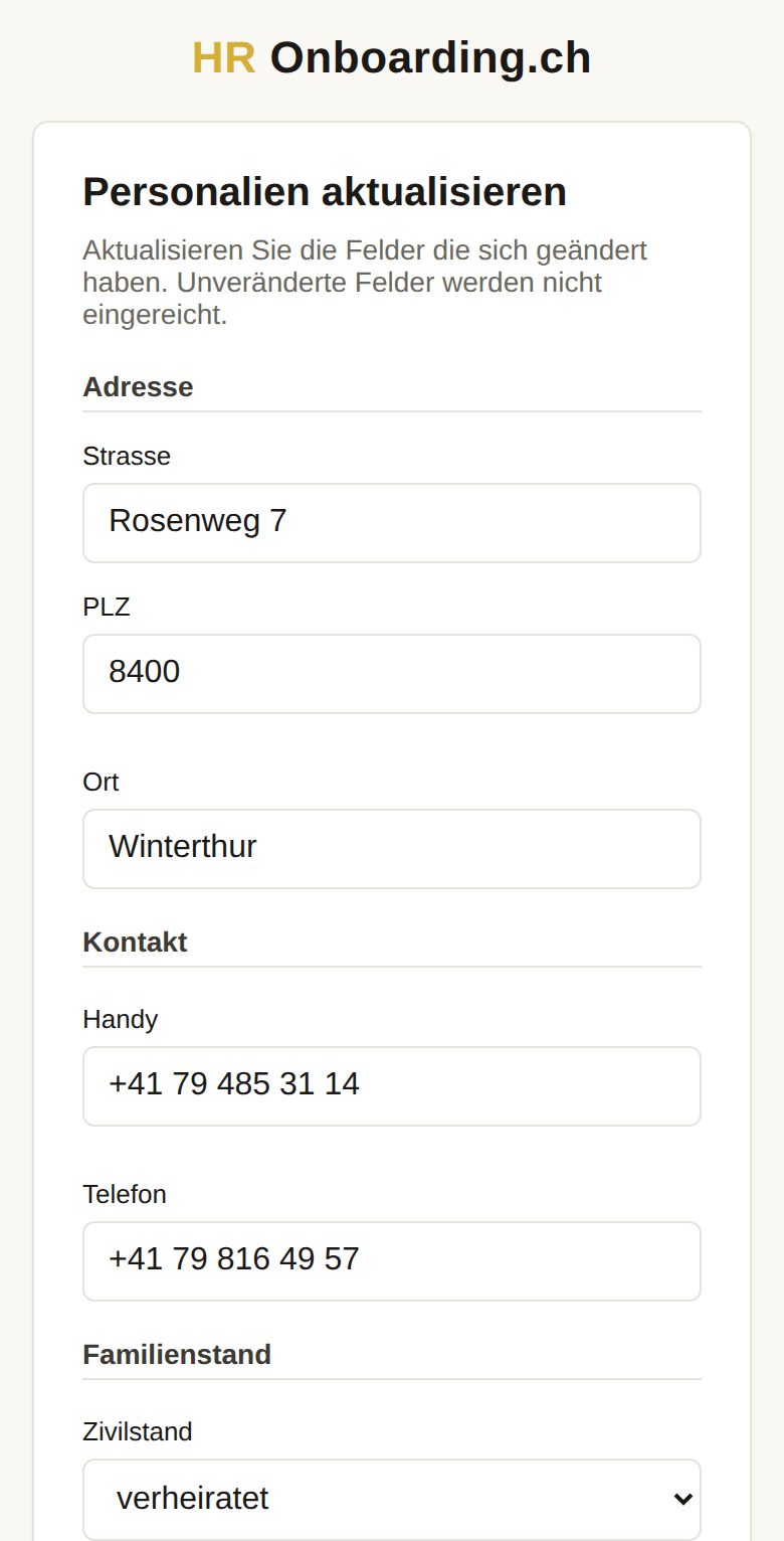 Personalien aktualisieren auf dem Handy: neue Strasse, Postleitzahl und Ort eingetragen