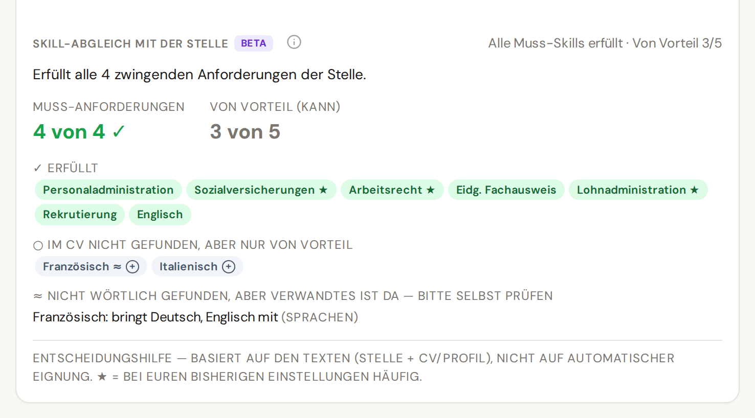 Skill-Abgleich (Beta) einer Bewerbung: alle vier Muss-Anforderungen erfüllt, darunter der eidgenössische Fachausweis, drei von fünf Kann-Anforderungen