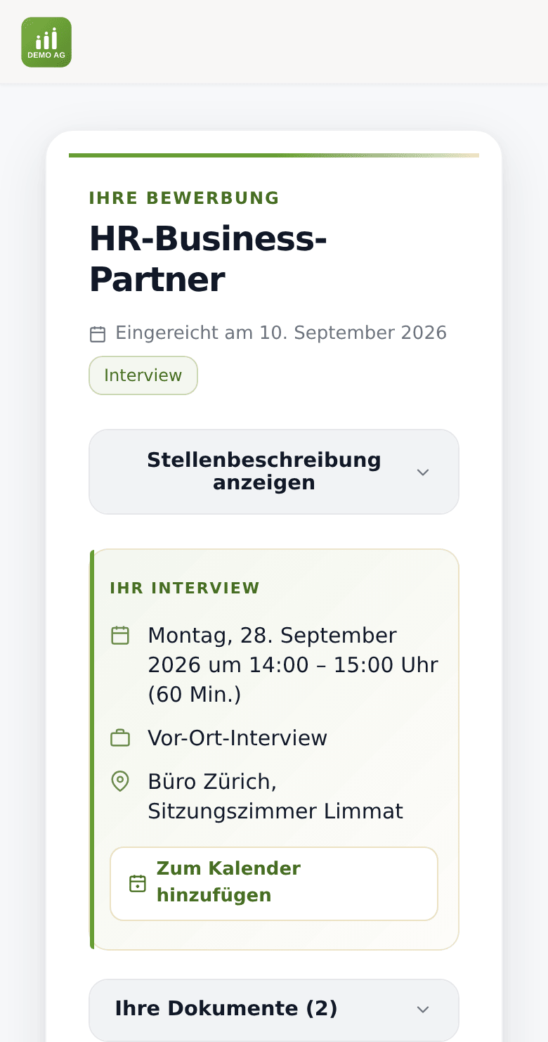Statusportal einer Bewerbung auf dem Handy: Stelle, Stand «Interview», Termin mit Ort und «Zum Kalender hinzufügen»