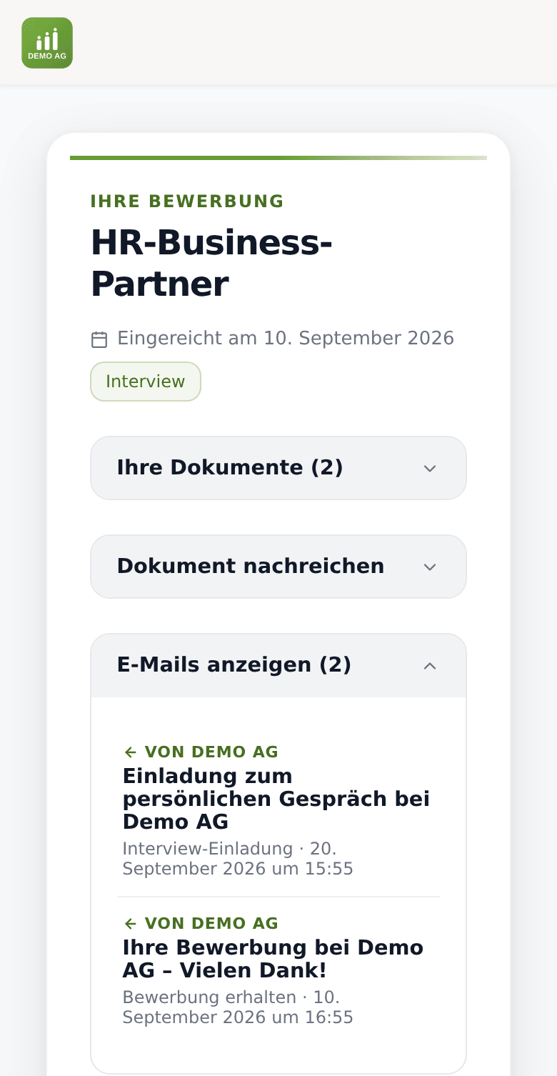 Statusportal auf dem Handy: die Mails der Firma zur Bewerbung, Einladung zum Gespräch und Eingangsbestätigung