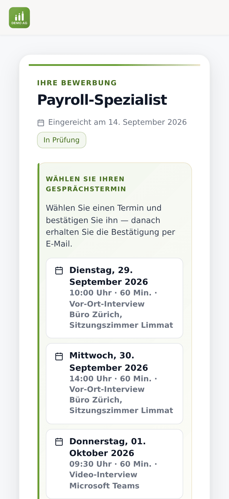 Statusportal auf dem Handy: «Wählen Sie Ihren Gesprächstermin» mit drei Vorschlägen, vor Ort und per Video