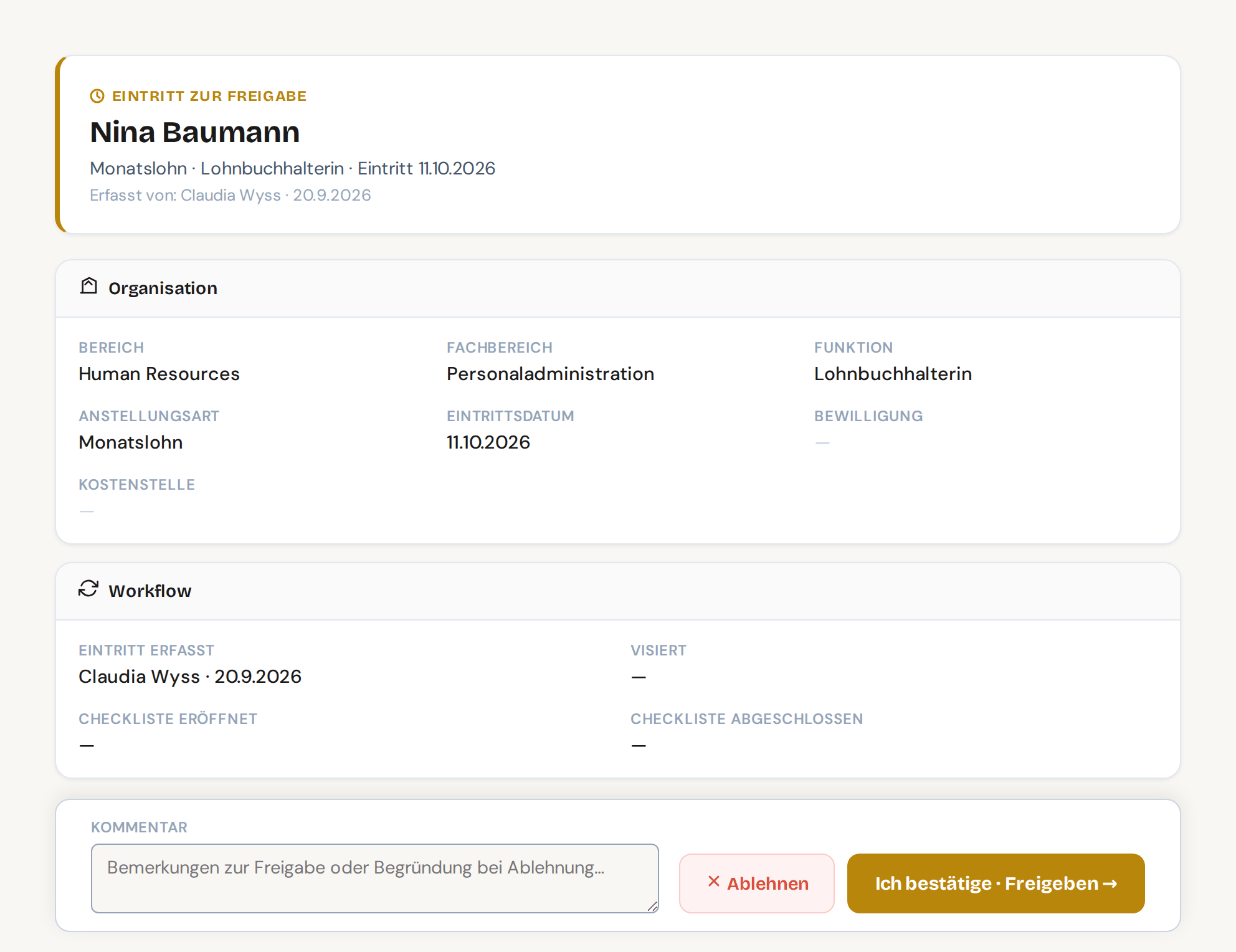 Eintritt zur Freigabe bei der Bereichsleitung: erfasst von der Fachleitung, Organisation und Workflow, darunter Kommentar, Ablehnen und Freigeben