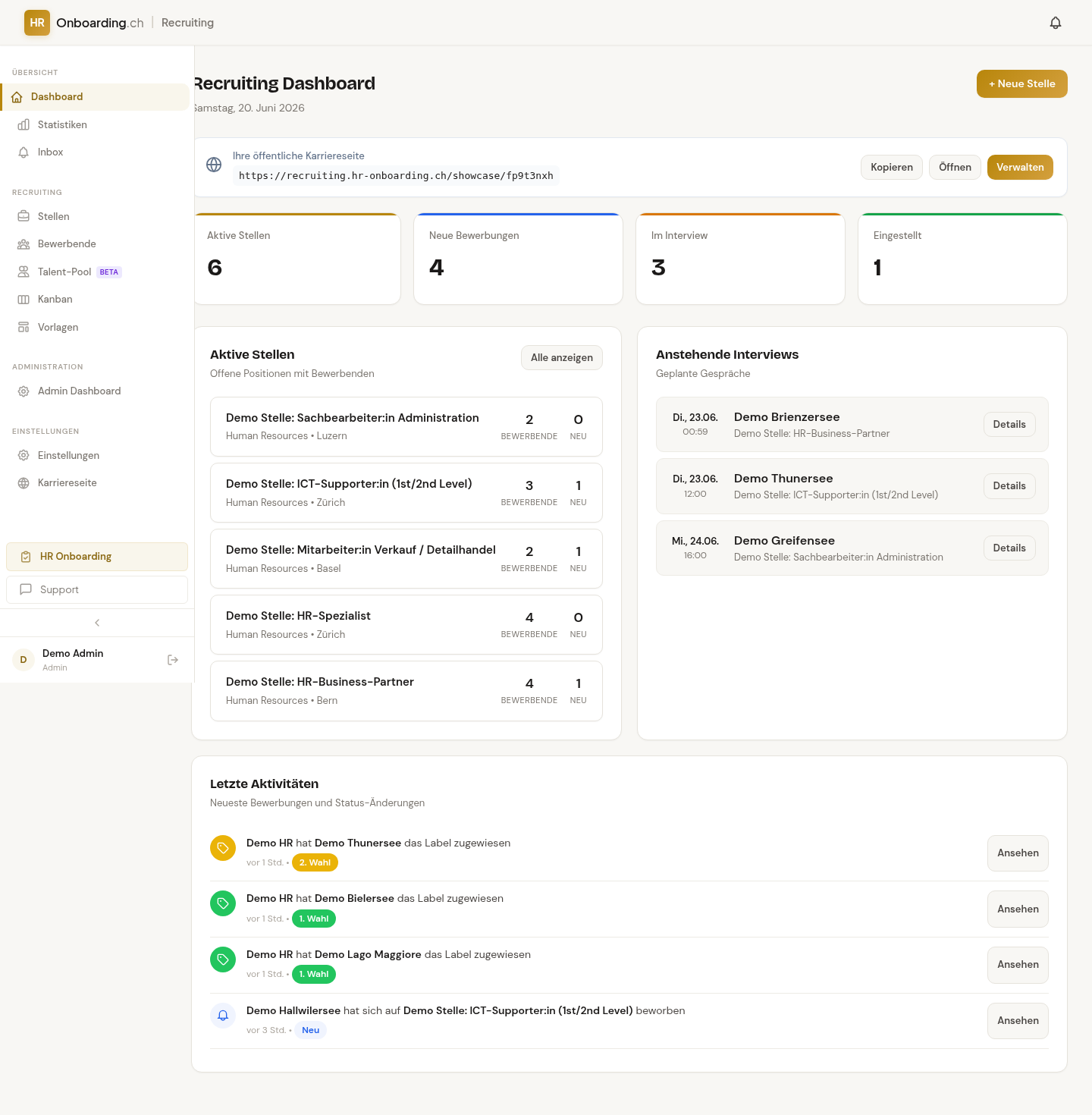 Recruiting Dashboard mit öffentlicher Karriereseite, aktiven Stellen, Bewerbungen und anstehenden Interviews