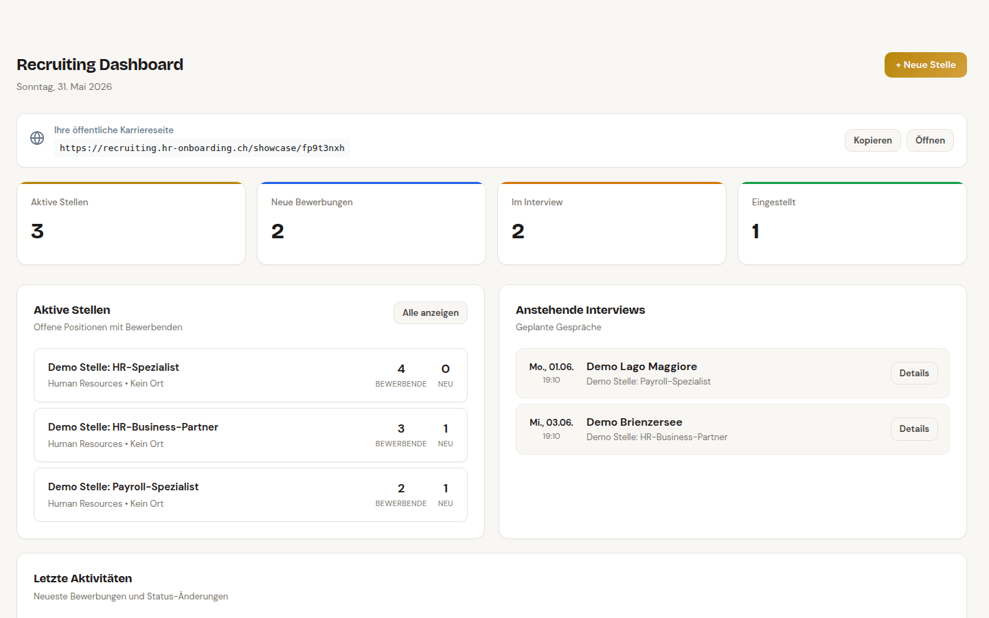 Recruiting Dashboard mit Stellen, Bewerbungen und Interviews