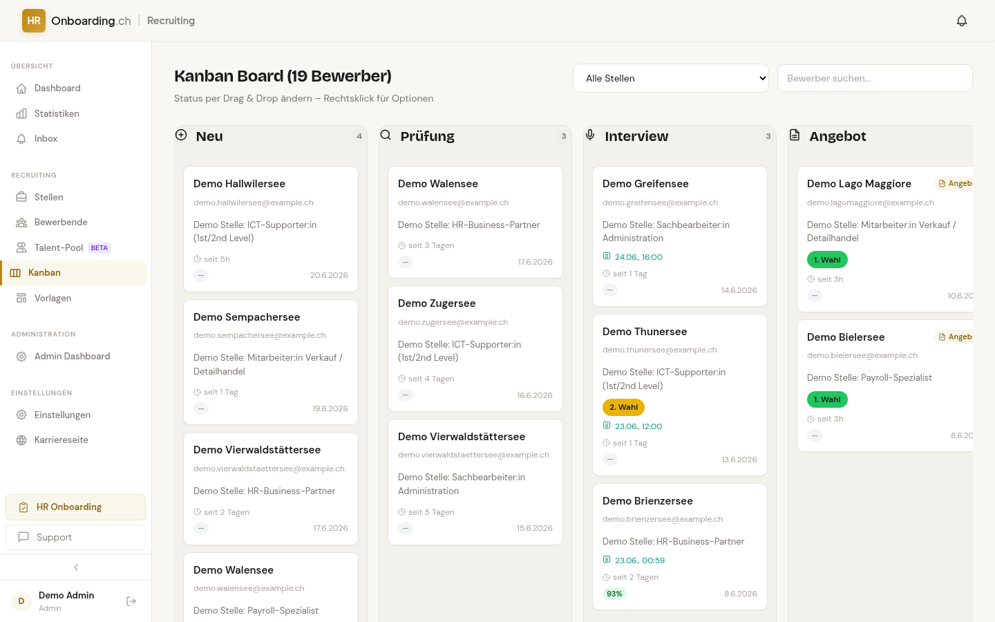 Kanban-Pipeline mit Bewerbern über alle Stufen
