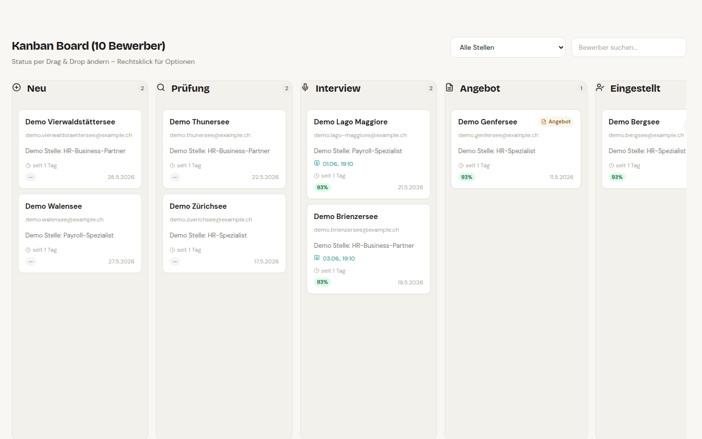 Recruiting Kanban-Board mit Bewerbern